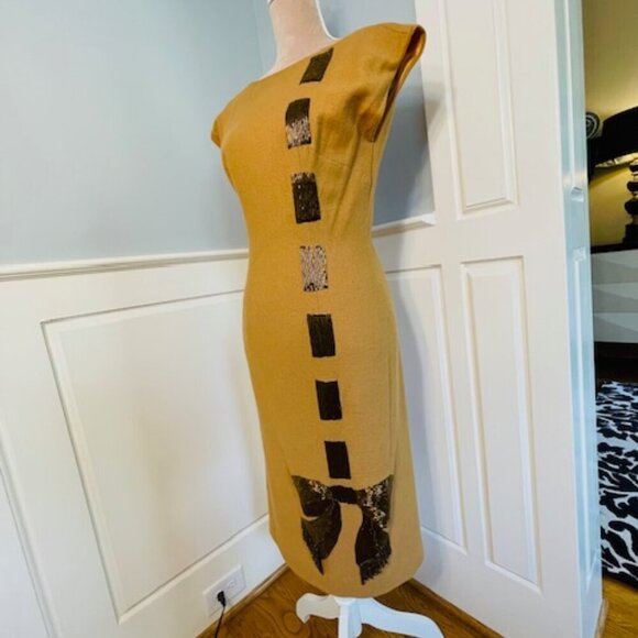 Vintage Lilli Diamond 1960's Beaded Wool Mad Men Wiggle Bow Dress XS Small - Picture 3 of 10